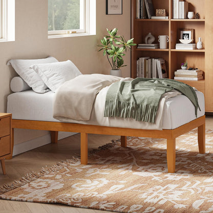 DUMOS Twin Size Solid Wood Bed Frame 16 Inches, Sturdy Platform Bed with Heavy Duty Wood Slat Support, No Box Spring Needed, Easy Assembly, Natural Pine