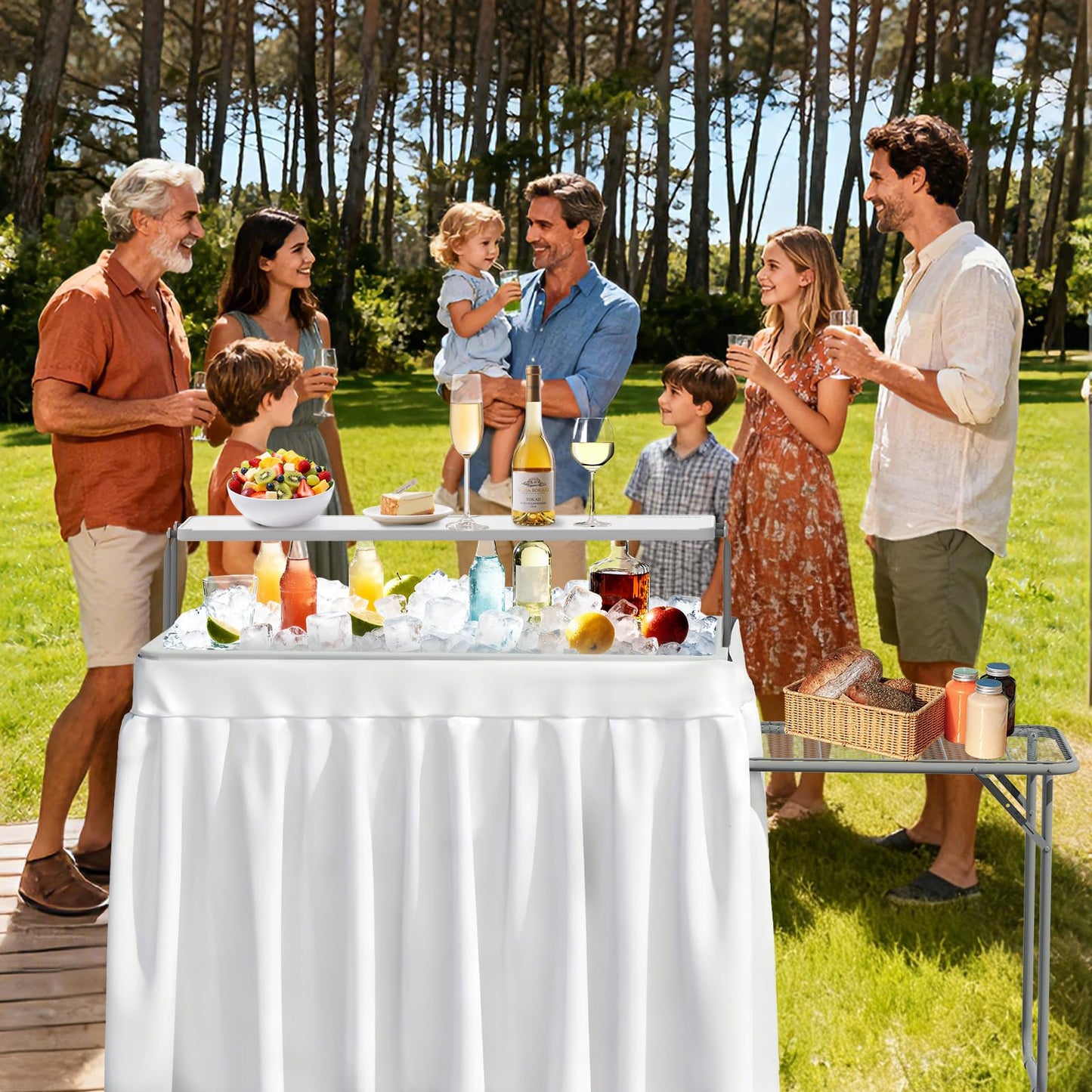 SHAREWIN Ice Cooler Folding Table with Metal Side Desktop, Double-Layer Party Chilling Table with Drain and Detachable White Skirt to Keep Drinks Cool, Ice Bar for Weddings, Outdoor, Picnics，Pool