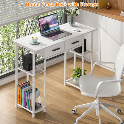 DAOUTIME White Computer Desk with Drawers, 37.3 Inch Home Office Work Desk with Storage Shelf, Kids Teens Study Table for Small Space, Small Writing PC Table for Bedroom Makeup Vanity Desk