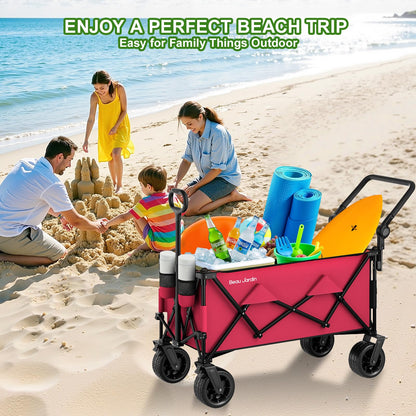 BEAU JARDIN Folding Push & Pull Beach Wagon 500 lbs Collapsible Foldable Wagons with Push Handle All Terrain Wheels Grocery Utility Camping Skiing Ice Fishing Sports Garden Wagon Cart Red