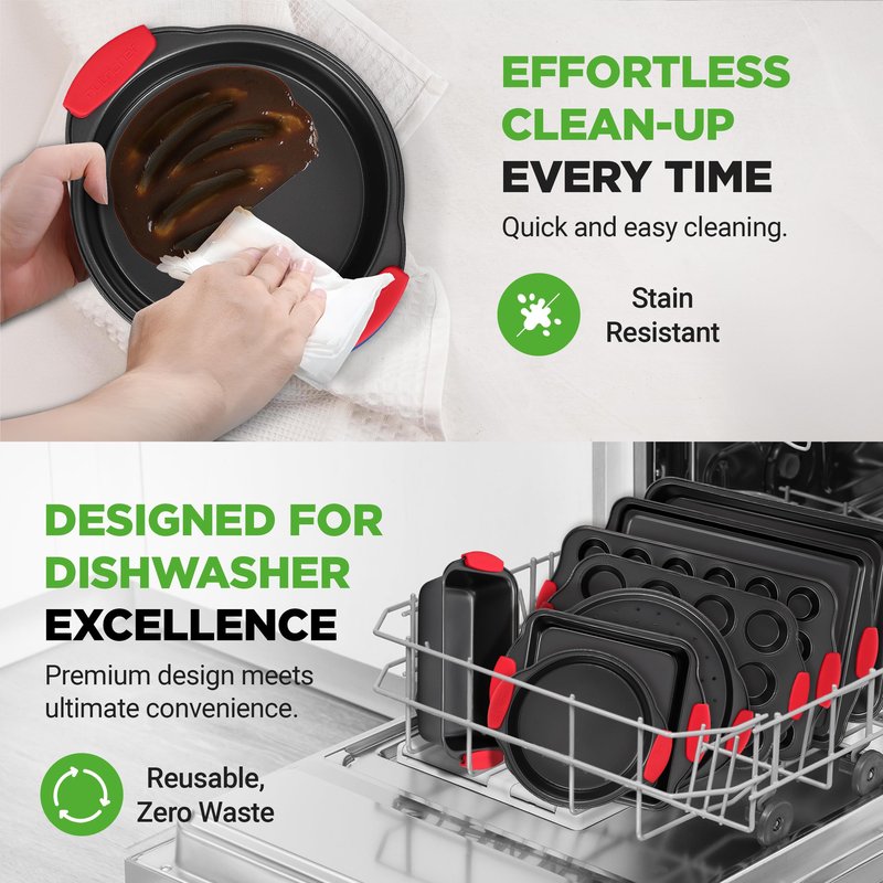 NutriChef 10-Piece Nonstick Kitchen Oven Baking Pans - Premium & Stylish Non-Stick Carbon Steel - Commercial Grade Restaurant Quality Metal Bakeware with Silicone Handles - Easy to Clean, NCSBS10S