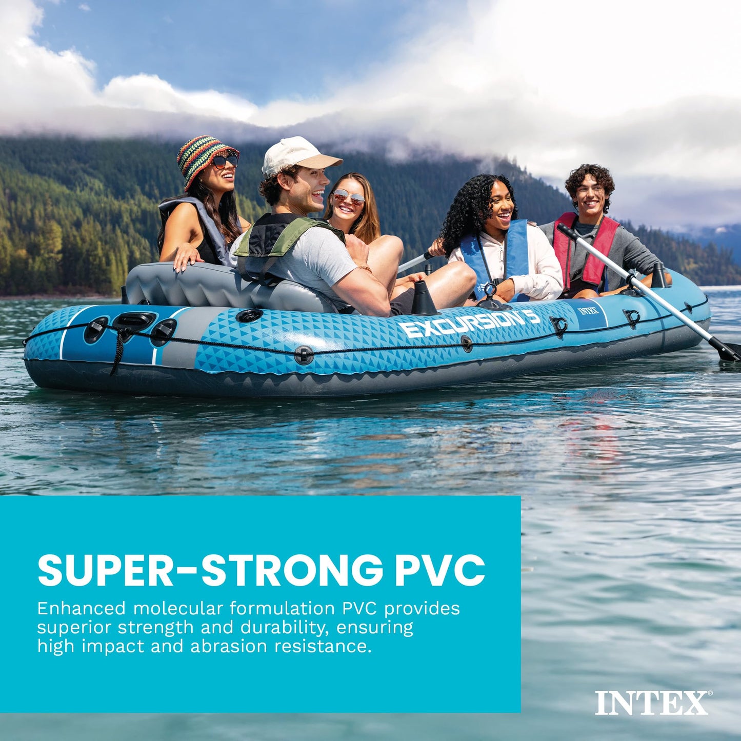 INTEX 66325EP Excursion 5 Inflatable Boat Set: Includes Deluxe 54in Aluminum Oars and High-Output-Pump – Adjustable Seats with Backrest – Fishing Rod Holders – 5-Person – 1320lb Weight Capacity