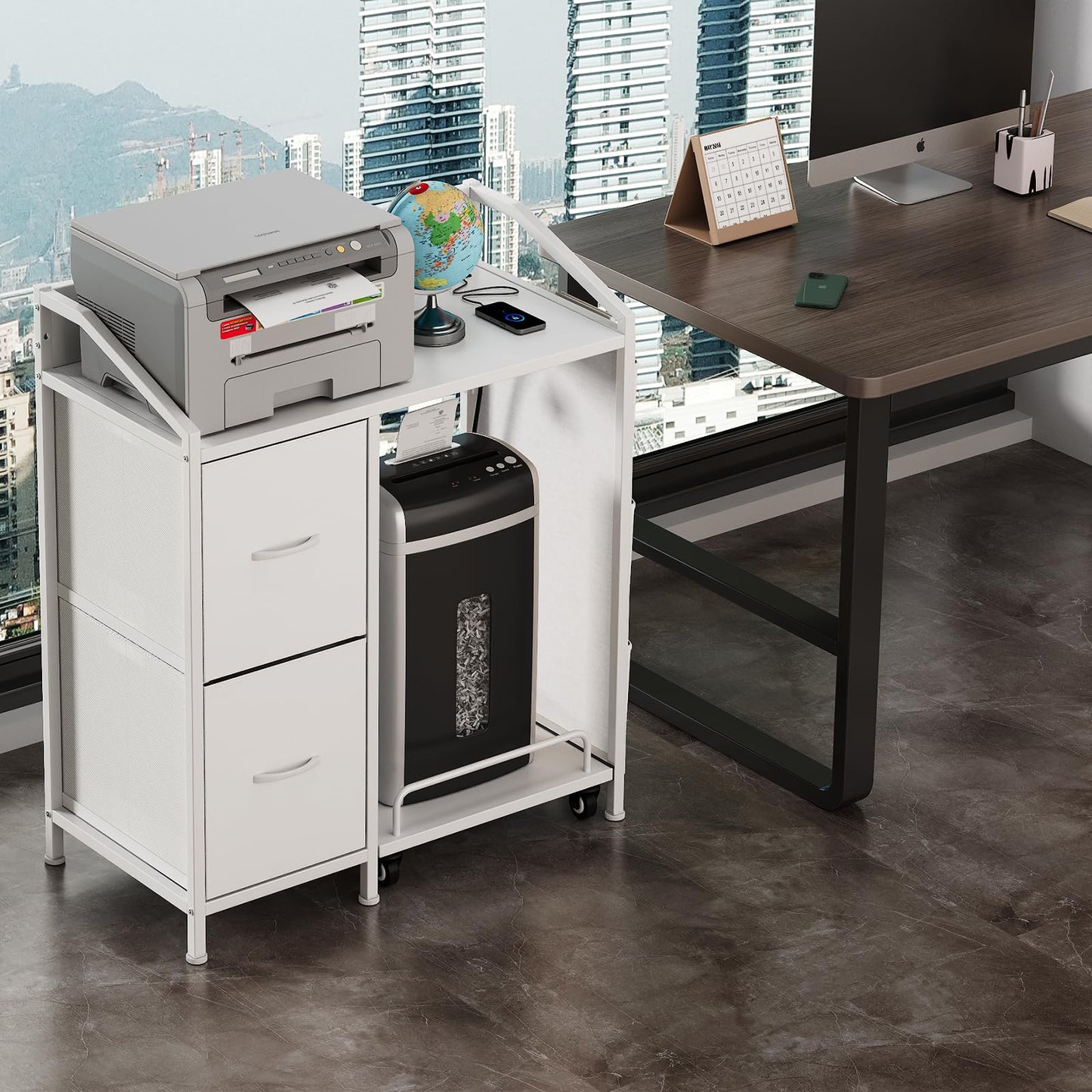 WODRAWER Printer Stand with Fabric Drawers, Lateral Office Filing Cabinets with Power outlets & USB Charging Port, File Cabinet with Large Printer Stands for Home Office, Shredder Stand Rack (White)