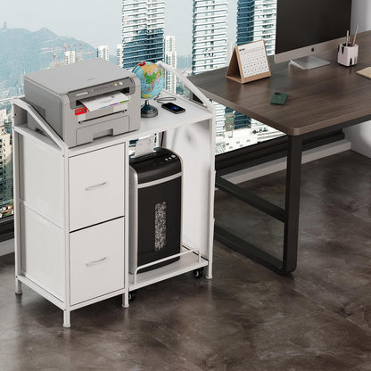 WODRAWER Printer Stand with Fabric Drawers, Lateral Office Filing Cabinets with Power outlets & USB Charging Port, File Cabinet with Large Printer Stands for Home Office, Shredder Stand Rack (White)