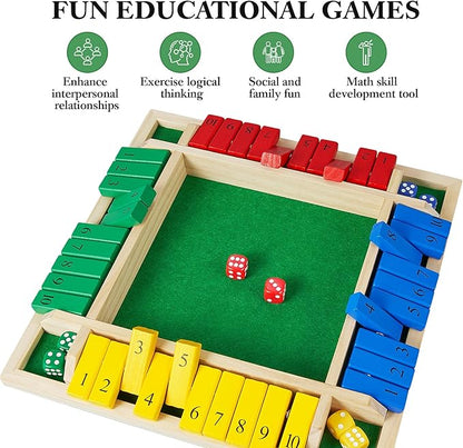 AMEROUS Shut The Box Dice Game-12 inches-Colorful Design-1-4 Players-12 Dice-Gift Package Classic 4 Sided Wooden Board Game for Adults Kids Classics Board Game