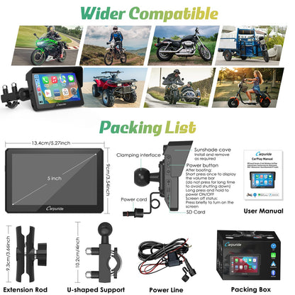 Carpuride W502 Motorcycle GPS Wireless Portable Carplay/Android Auto Waterproof Car Stereo, 5" IPS Touch Screen with Dual Bluetooth, Navigation/Siri/G00gle Assistant for Motorbike