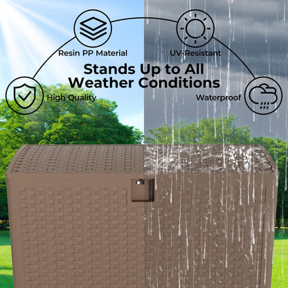 Hetoy 99 Gallon Resin Deck Storage Box, Waterproof Weather-Resistant Outdoor Storage Bin, Lockable Design for Patio Cushions, Garden Tools and Package Delivery, Brown