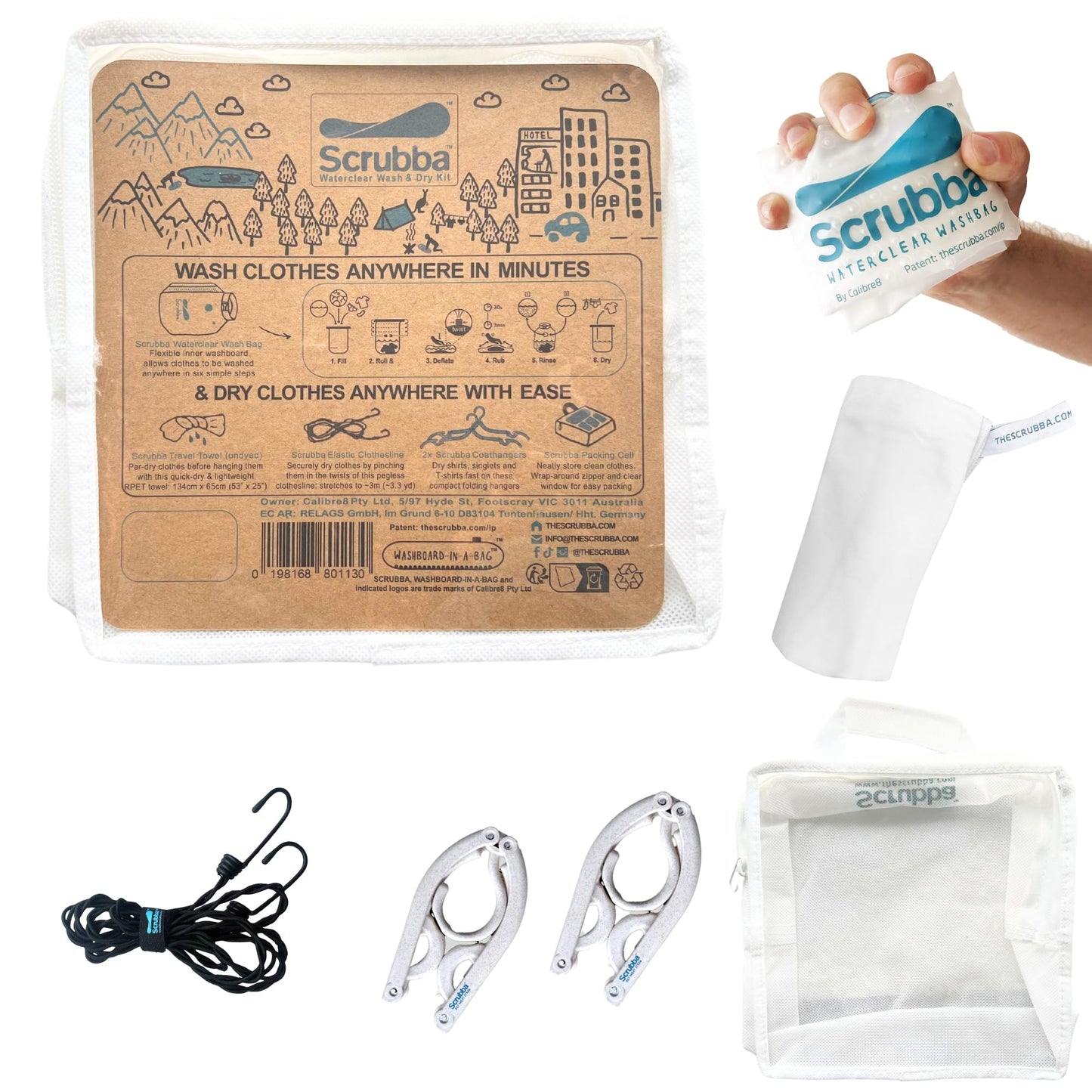Scrubba WATERCLEAR Wash Bag & Dry Kit - Portable Washing Machine System with XL Towel, Pegless Line & Hangers - Lightweight Laundry Essentials for Camping, Hiking, Hostels & Hotels - Easy-Rinse Inlet