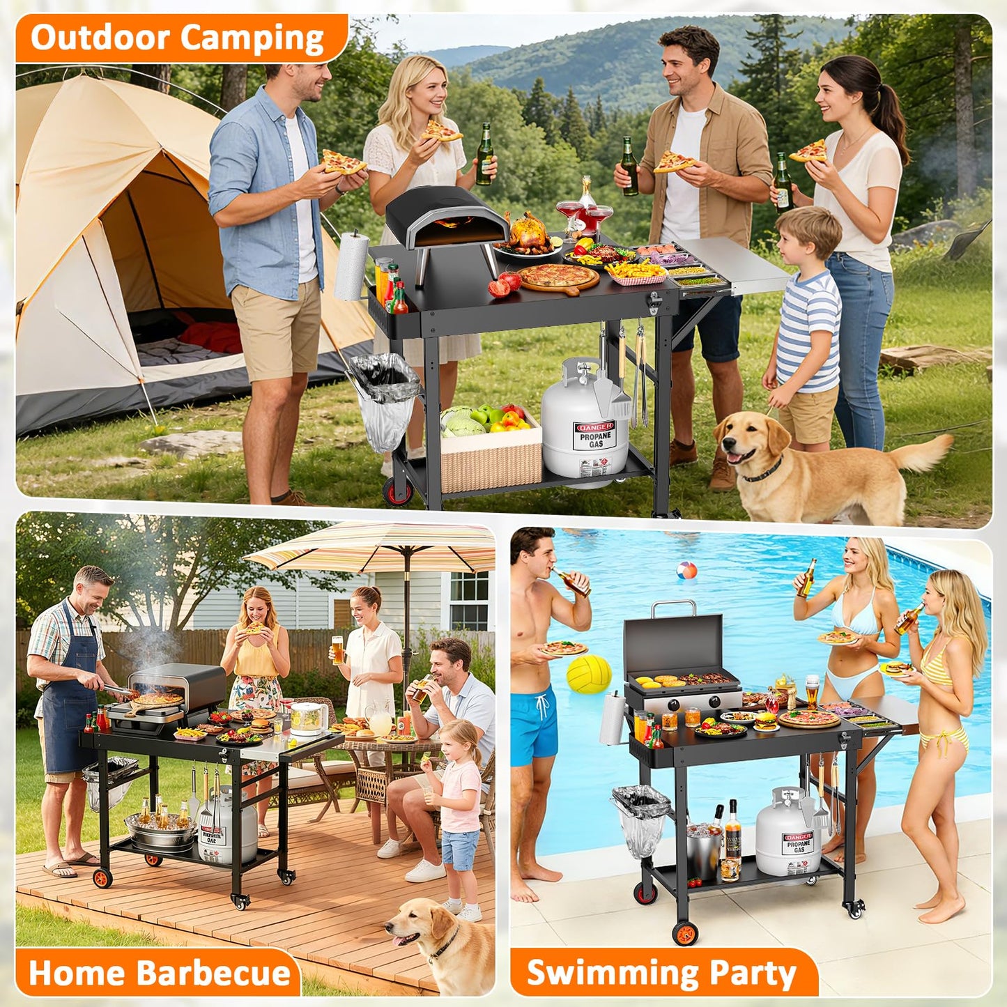 Outdoor Grill Cart for Pizza Oven, 28.8" Extra-Wide Pizza Oven Table, Heavy Duty Grill Cart with Pizza Topping Station, Grill Tables for Outside, Prep Station for Blackstone Griddle Accessories