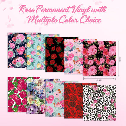 Tintnut Red Rose Permanent Adhesive Vinyl - 10 Sheets 12"x10" Rose-Themed Self-Adhesive Vinyl for Cutting Machine, Waterproof Vinyl for DIY Personalized Gifts & Craft Projects