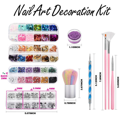 FANDAMEI Nail Art Kit, Nail Art Brushes Set, Nail Design Kit Dotting Tools, Fine Nail Glitter, Nail Decoration Butterfly Heart Glitter Sequins, Foil Flakes, Nail Rhinestones, Dust Brush