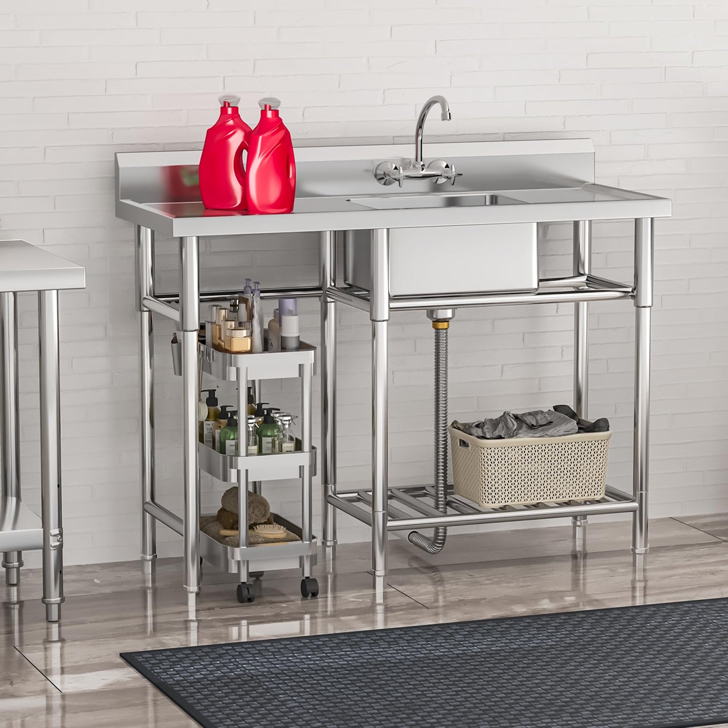 YITAHOME Stainless Steel Freestanding Utility Large Sink with 2 Drainboards & Cart Storage Space, Single Bowl NSF Commercial Prep Sink W/Storage Shelf for Restaurant, Laundry, Garage,Outdoor 50in