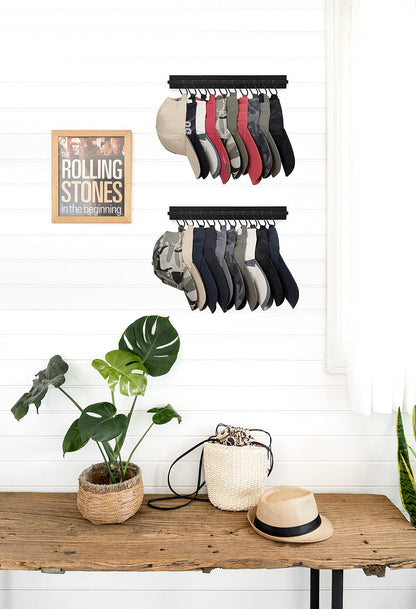 Mkono Hat Rack for Wall Wooden Baseball Caps Organizer with 20 Hooks Rustic Cowboy Hat Hanger Wall Mounted Caps Display Rack for Closet Bedroom Entryway, Set of 2, Black