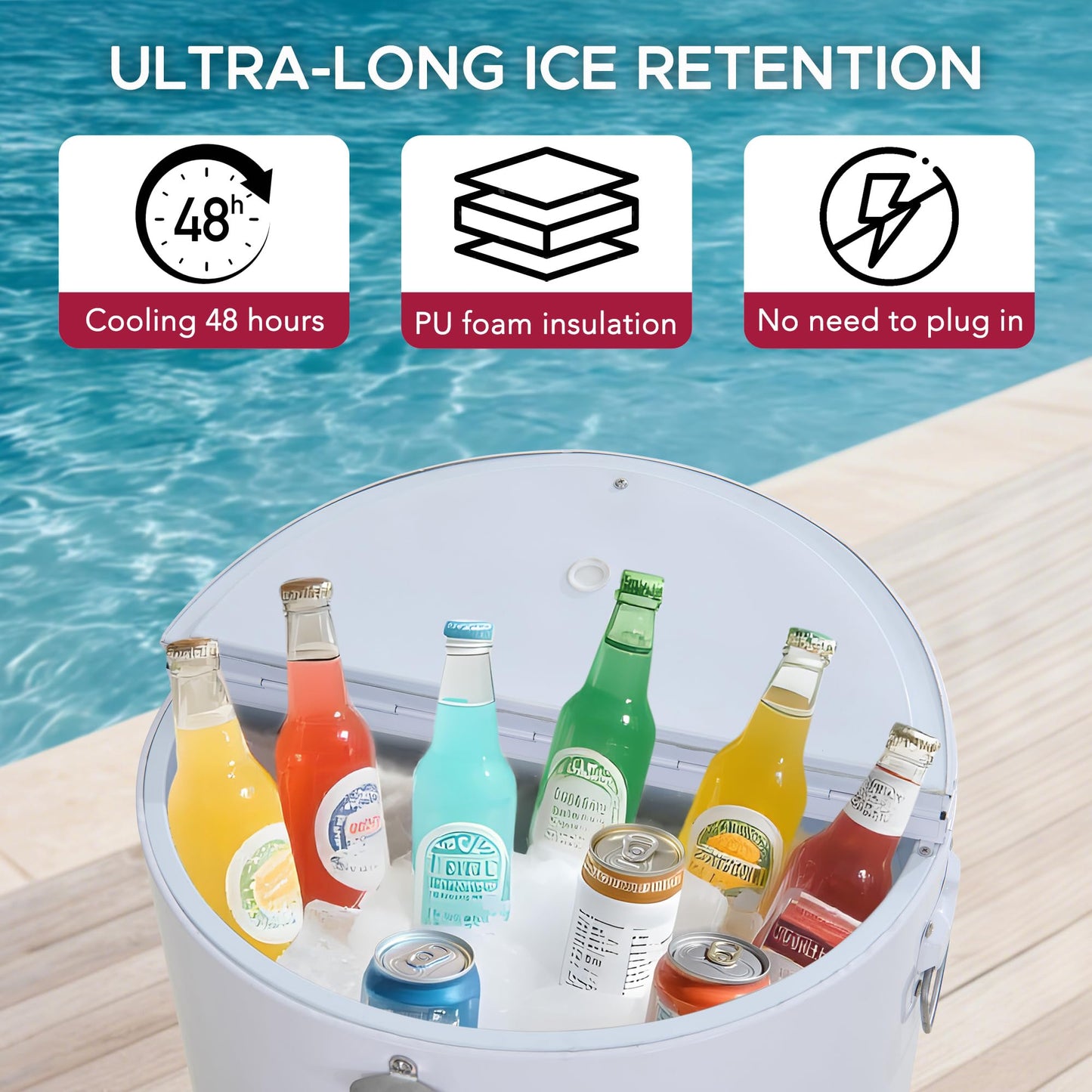 SUNJOY 60 Quart Rooling Ice Chest Cooler Cart, Portable Patio Party Bar Drink Cooler Cart, Beverage Bar with Bottle Opener and Shelf, White