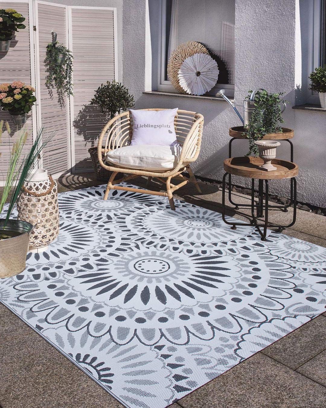 Santex Reversible Outdoor/Indoor Plastic Straw Rugs Waterproof Portable Mat Easy to Clean Outdoor Patio Mat, Perfect for Garden, Patio, Picnic, Decking-（Grey,9x18Ft
