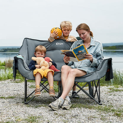 Portal Double Camping Chair, 2 Person Folding Loveseat for Adults, Padded Cushion Camp Lawn Love Seat with Side Pocket Portable Couch, Two Person Heavy Duty Wide Chairs with Cup Holder, 600 lbs