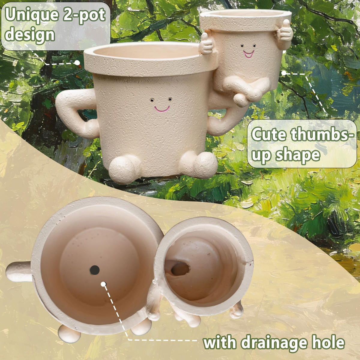 RZOIKZOI Funny Smiley Face Planter with Drainage Hole,Cute Thumbs Up Succulent Pots for Indoor/Outdoor Plants,2-in-1 Unique Novelty Flower Pot, Plant Gifts for Mother's Day, Birthday, Christmas(Khaki)