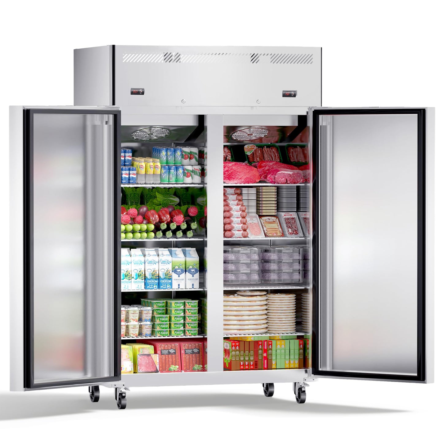 Ferueo Commercial Refrigerator and Freezer Combo, 48" W 2 Door Dual Temperature Zones Freezers, 39 Cu.ft Commercial Refrigerators with 8 Adjustable Shelves for Restaurant Shop Bar