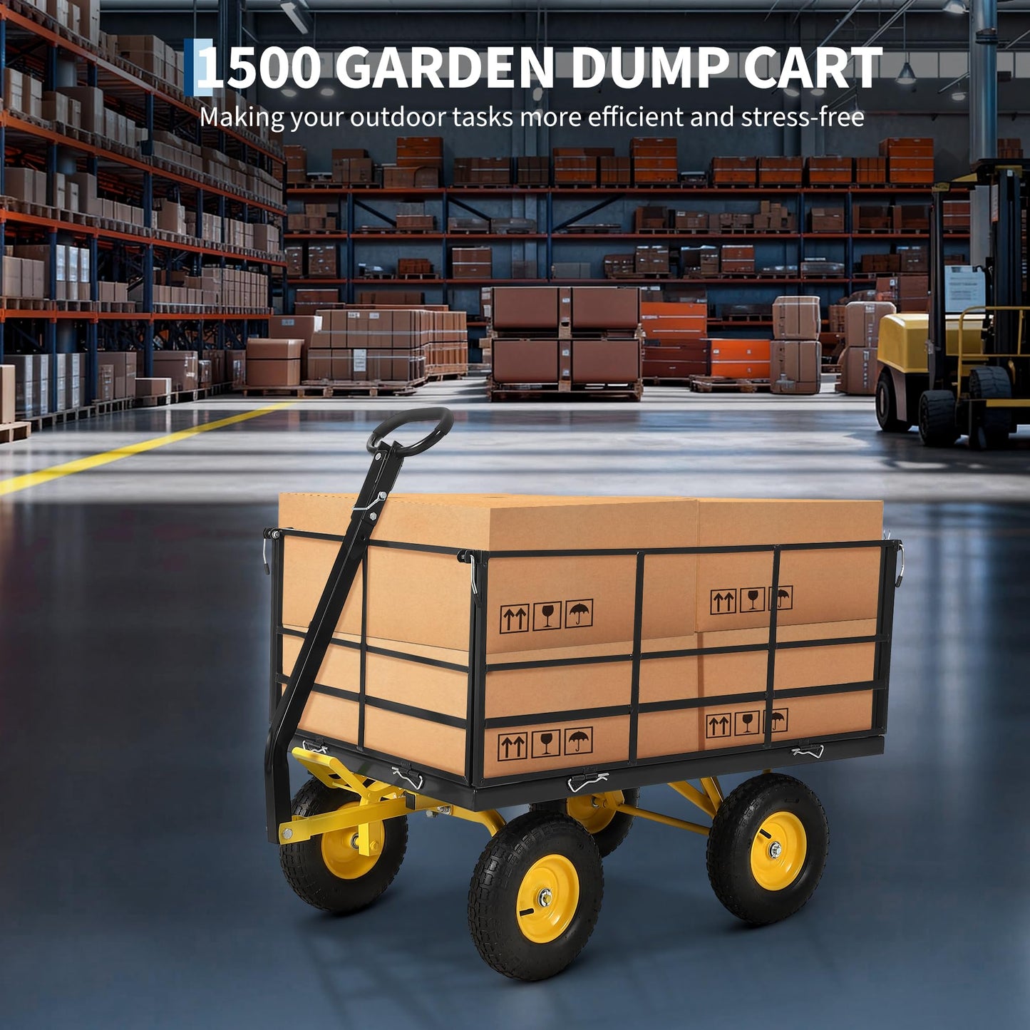 Patikuin 1500 lbs Heavy Duty Steel Garden Cart – Removable Mesh Sides – 13-Inch All-Terrain Wheels – Swivel Yellow Handlebar – Quick Dump – Folding Utility Yard Wagon for Soil, Tools, Plants – Black