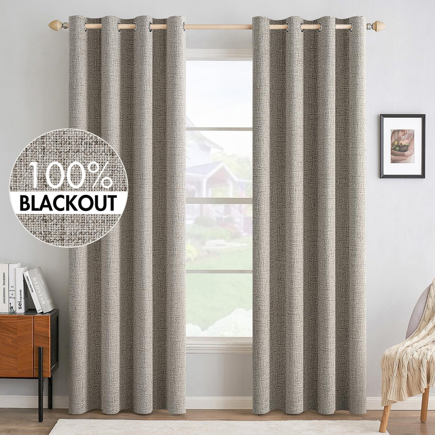 MIULEE Blackout Linen Curtains - 100% Thermal Insulated Grommet Drapes | Greige, 52x84 Inch (2 Panels)