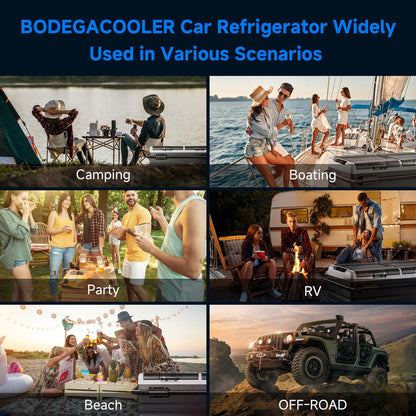 BODEGACOOLER 12 Volt Car Refrigerator, 100 Quart Portable Freezer, Car Fridge Dual Zone WIFI APP Control, -4℉-68℉ Cooler, 12/24V DC and 100-240V AC, for Travel, Camping, Outdoor,RV, black