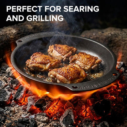 SOLIDTEKNICS 10" Naturally Seasoned Australian Iron Skillet – Lightweight Durable Outdoor Frying Pan for Camping, Grill, Smoker, Fire Pit & Campfire Cooking Portable Cookware for All Adventures