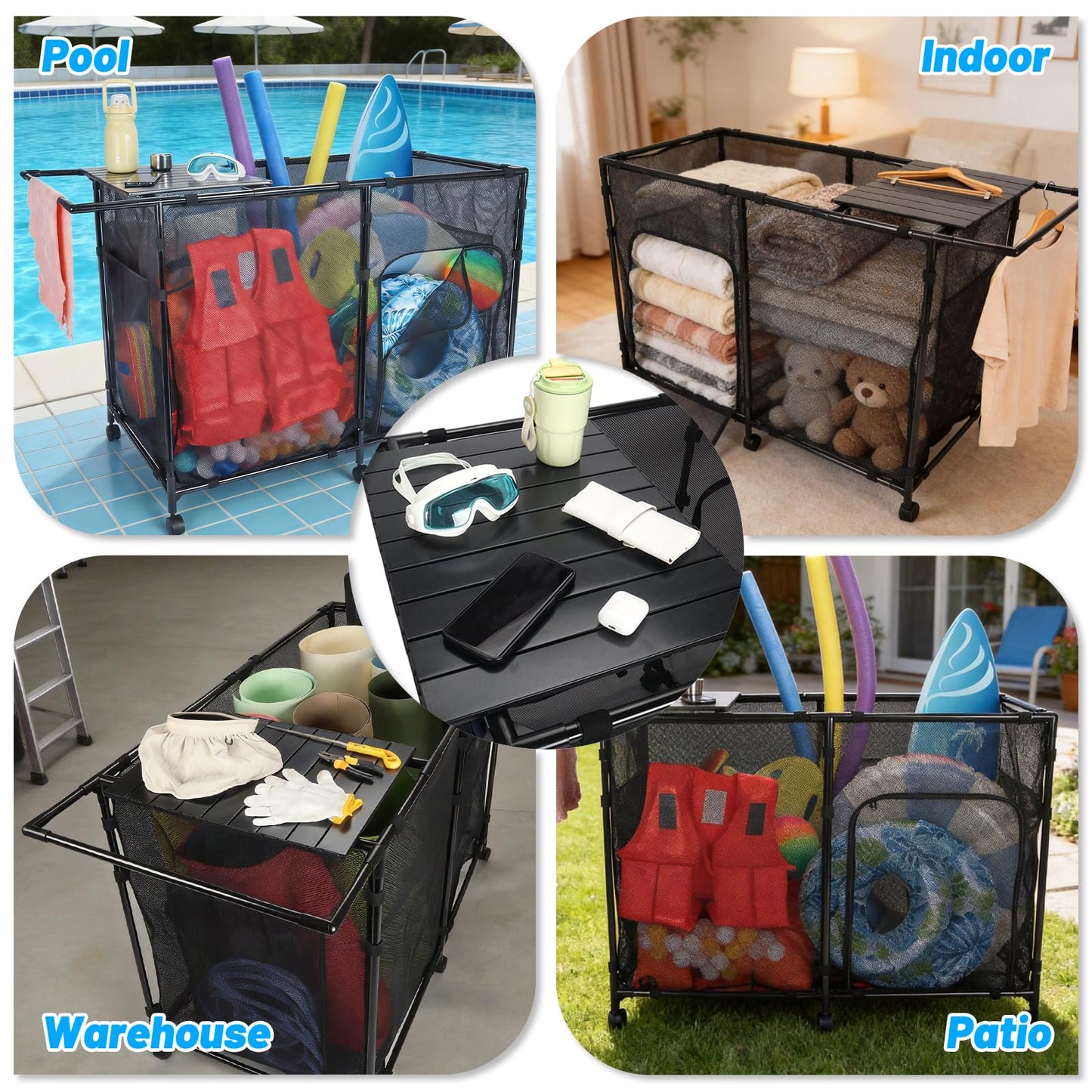 Arejonner 152Gal Pool Storage Organizer with Tabletop,Towel Bar,Zipper Doors,360° Rotating Wheels,Weather-Resistant,Easy Assembly,for Indoor Outdoor,Pool,Patio,Beach (M Size)