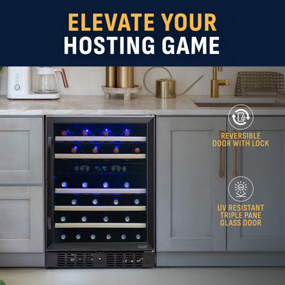 NewAir 24" Dual Zone Wine Fridge for 46 Bottles | Built-In or Freestanding Wine Cooler Refrigerator with Glass Door | Quiet Cooling & Adjustable Shelves for Red and White Wine | Black Stainless Steel