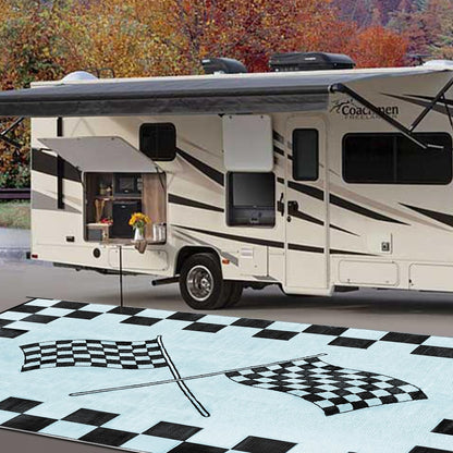 EEZ RV Products 9ft x 18ft Heavy Duty Reversible/Durable Outdoor Patio/RVing Camping Mats Come with Large Storage Bag & 6 Sets of Stakes and Washer, Black & White Checker Flag