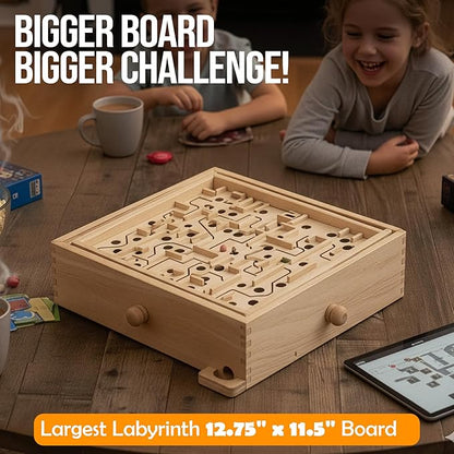 Sterling Games Wooden Labyrinth with 3 Swappable Boards – Classic Maze Game with 60 36 and 25 Waypoints – Wooden Tilt Puzzle with Knob Control and 3 Steel Marbles for Kids Age 6+