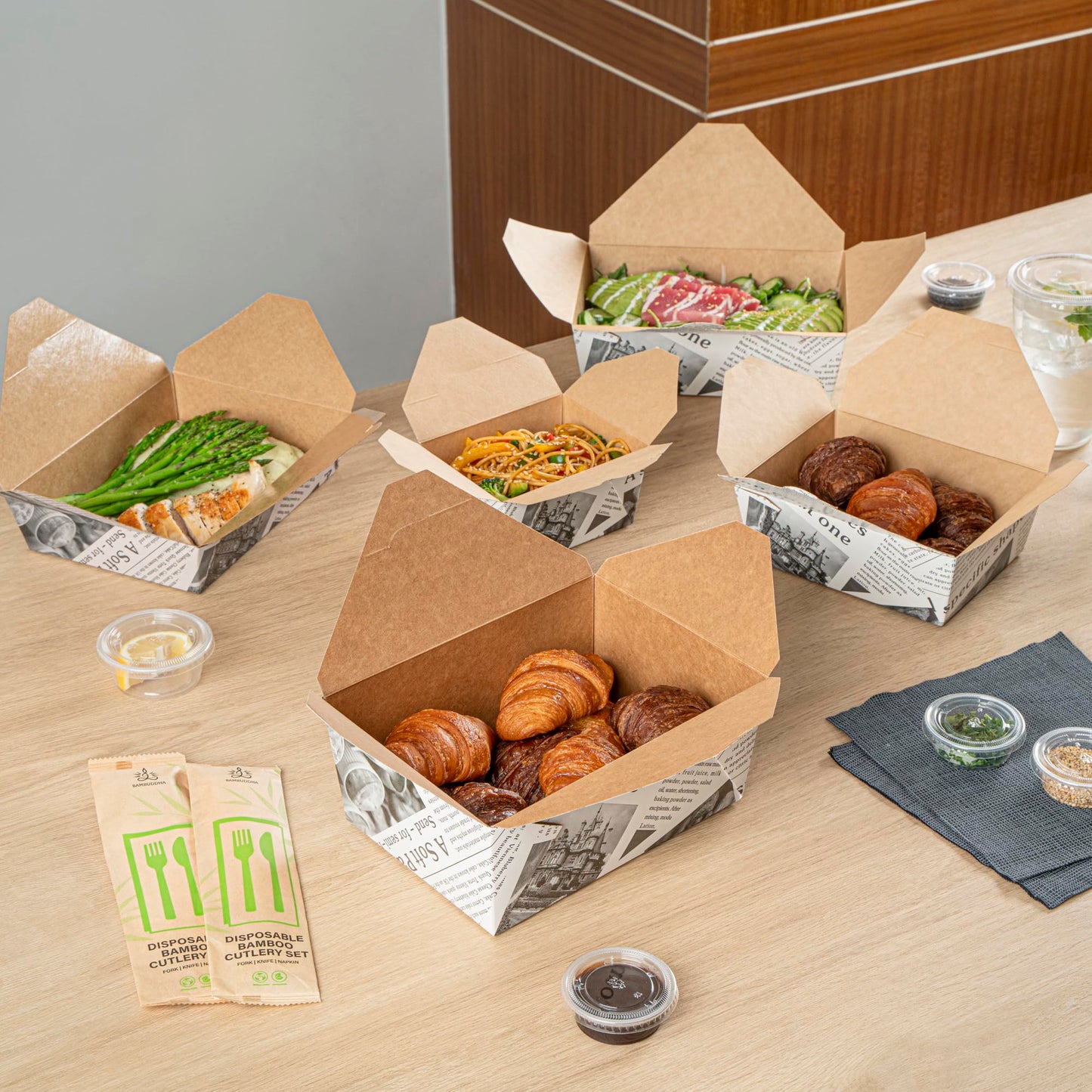 Restaurantware Bio Tek 98 Ounce Take Out Boxes 200 To Go Lunch Boxes - Tab-Lock Closure Heat-Tolerant Newsprint Paper Disposable Lunch Boxes Greaseproof For Hot And Cold Foods