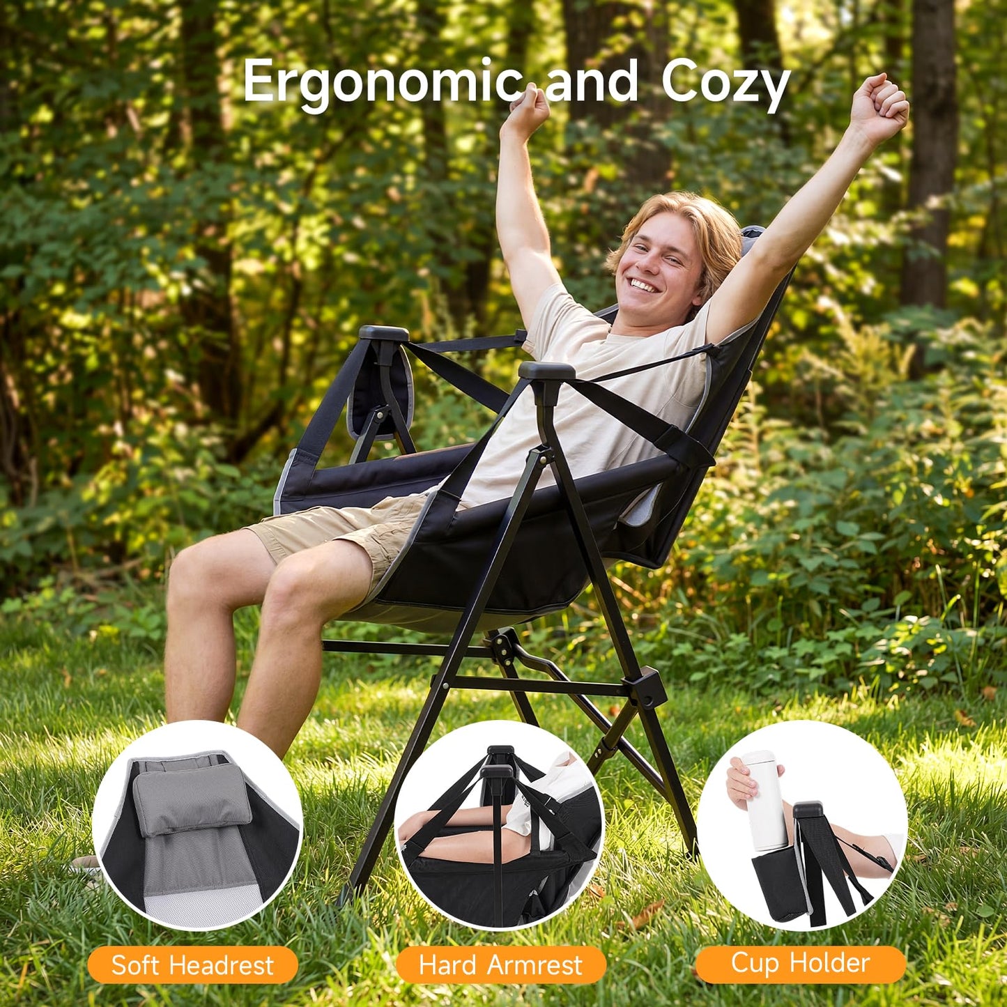 Hammock Camping Chair Set of 2 with Adjustable Backrest, 400lbs Heavy Duty Portable Swing Chair Outdoor with Headrest and Cup Holder, Foldable Camping Chair for Camping, Travelling, Patio, Lawn, Black