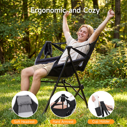 Hammock Camping Chair Set of 2 with Adjustable Backrest, 400lbs Heavy Duty Portable Swing Chair Outdoor with Headrest and Cup Holder, Foldable Camping Chair for Camping, Travelling, Patio, Lawn, Black