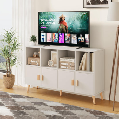 Flrrtenv 8-Cube Storage Organizer with Doors & 5 Solid Wood Legs, Mid-Century Modern Bookshelf with Seamless Top, Horizontal Cubby Toy Storage for Kids, Sideboard Media Console fits 11" Bins, White