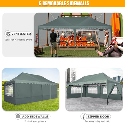 HOTEEL 10x20 Pop Up Canopy Tent with 6 Sidewalls, Waterproof UV50+ Outdoor Shelter for Parties and Events, Easy Setup with Wheeled Bag & 4 Weight Bags, Gray