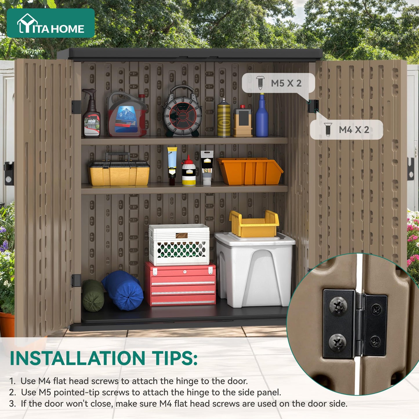 YITAHOME Outdoor Storage Cabinet with 2 Shelves, Waterproof Resin Horizontal Tool Shed, Lockable 15 cu. ft. Storage Shed for Patio, Garden, Yard, Brown