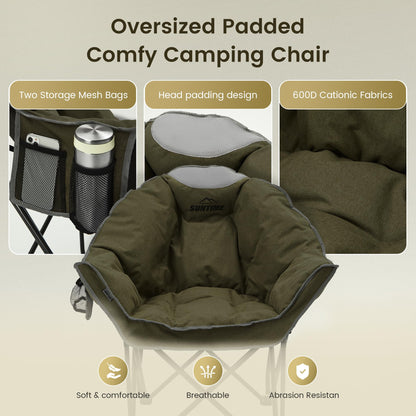 Oversized Padded Comfy Camping Chair for Adults, Portable Padded Lawn Chair, Weight Capacity 400 LBS, Heavy Duty Moon Leisure Folding Chair for Camping, Hiking, Carry Bag, Army Green (2 Pack)