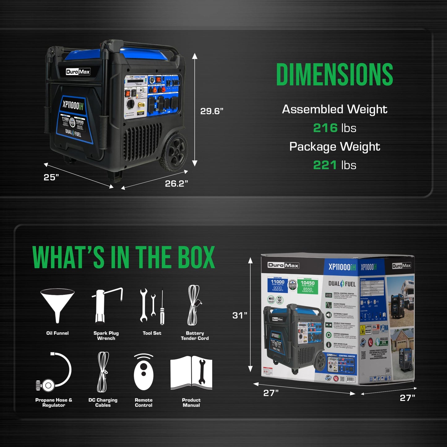 DuroMax XP11000iH 11,000-Watt Dual Fuel Portable Digital Inverter Generator - Gas & Propane, Remote Electric Start, Transfer Switch Ready, RV & Emergency Ready