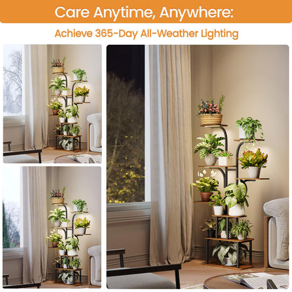 MemoCastle Tall Plant Stand with Grow Lights – 8 Tier 63" Metal and Wooden Indoor Flower Shelf Rack, Adjustable Large Corner Organizer for Living Room or Home Gardening Display