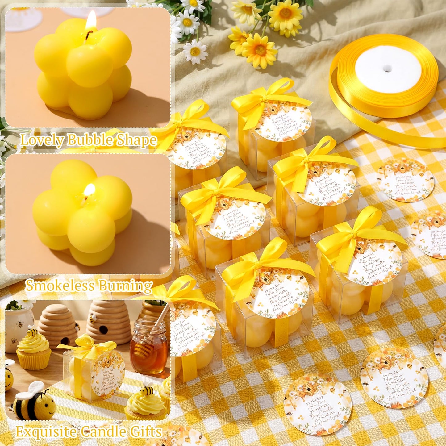 MTLEE 24 Sets Bee Baby Shower Favors Party Candle Small Bubble Candle Baby Shower Favors for Guests Tea Candles Bulk with Stylish Ribbons Cards Gifts (Yellow, Bee)