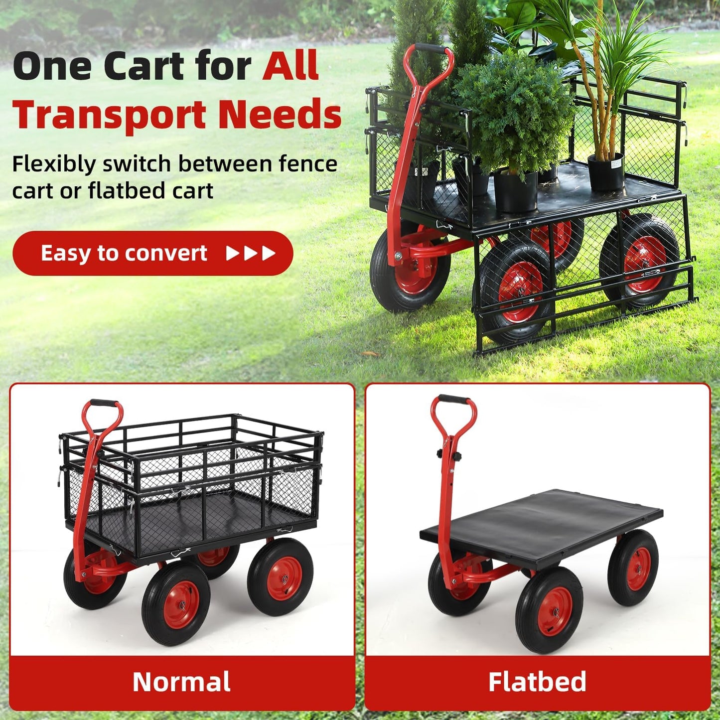 GarveeHome 1400Lbs Heavy Duty Steel Garden Cart, Garden Wagon Cart on Wheels, Metal Yard Utility Wagon with Removable Mesh Sides, 2-in-1 180° Rotating Handle and 16 Inch Wheels for Garden, Farm, Yard
