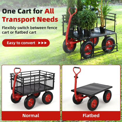 GarveeHome 1400Lbs Heavy Duty Steel Garden Cart, Garden Wagon Cart on Wheels, Metal Yard Utility Wagon with Removable Mesh Sides, 2-in-1 180° Rotating Handle and 16 Inch Wheels for Garden, Farm, Yard