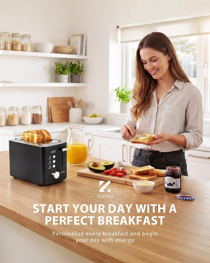 Skiennix 2-Slice Toaster - Wide Slots for Bread & Bagels, Stainless Steel with Digital Countdown, Black