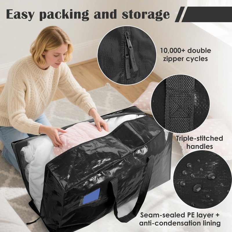 RMOHRO 12 Pack Moving Bags with Full-Open Side Zipper, Extra Large 93L Heavy Duty Waterproof Foldable Storage Totes for College Dorm, Moving & Home Organization Black