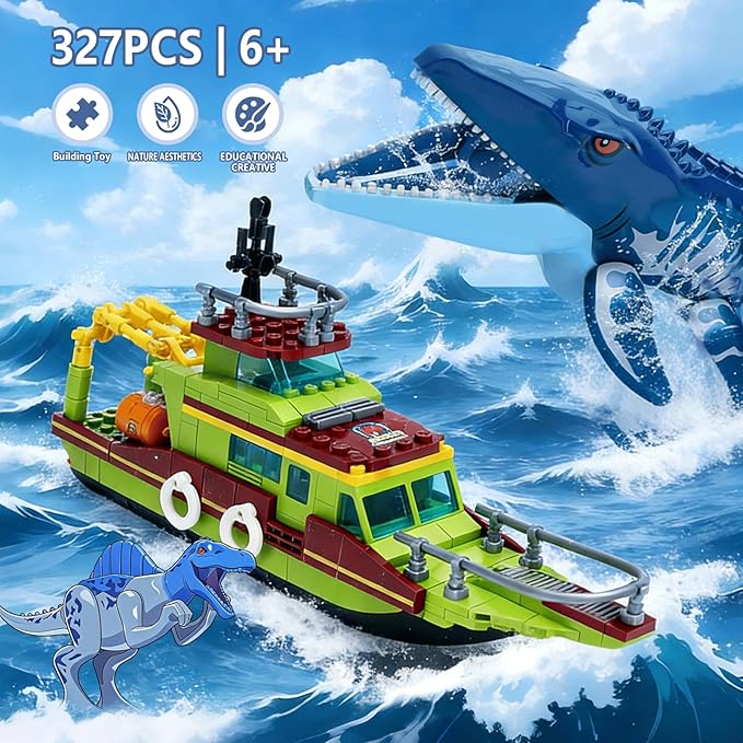 Ideas 3 in 1 Sea Dinosaur Mosasaurus Building Blocks Kit Compatible with Lego Dinosaur World Moc Mosasaurus Spinosaurus Adventure Ship STEM Toys Gift for Kids Adults Boys Age 8-12 327PCS