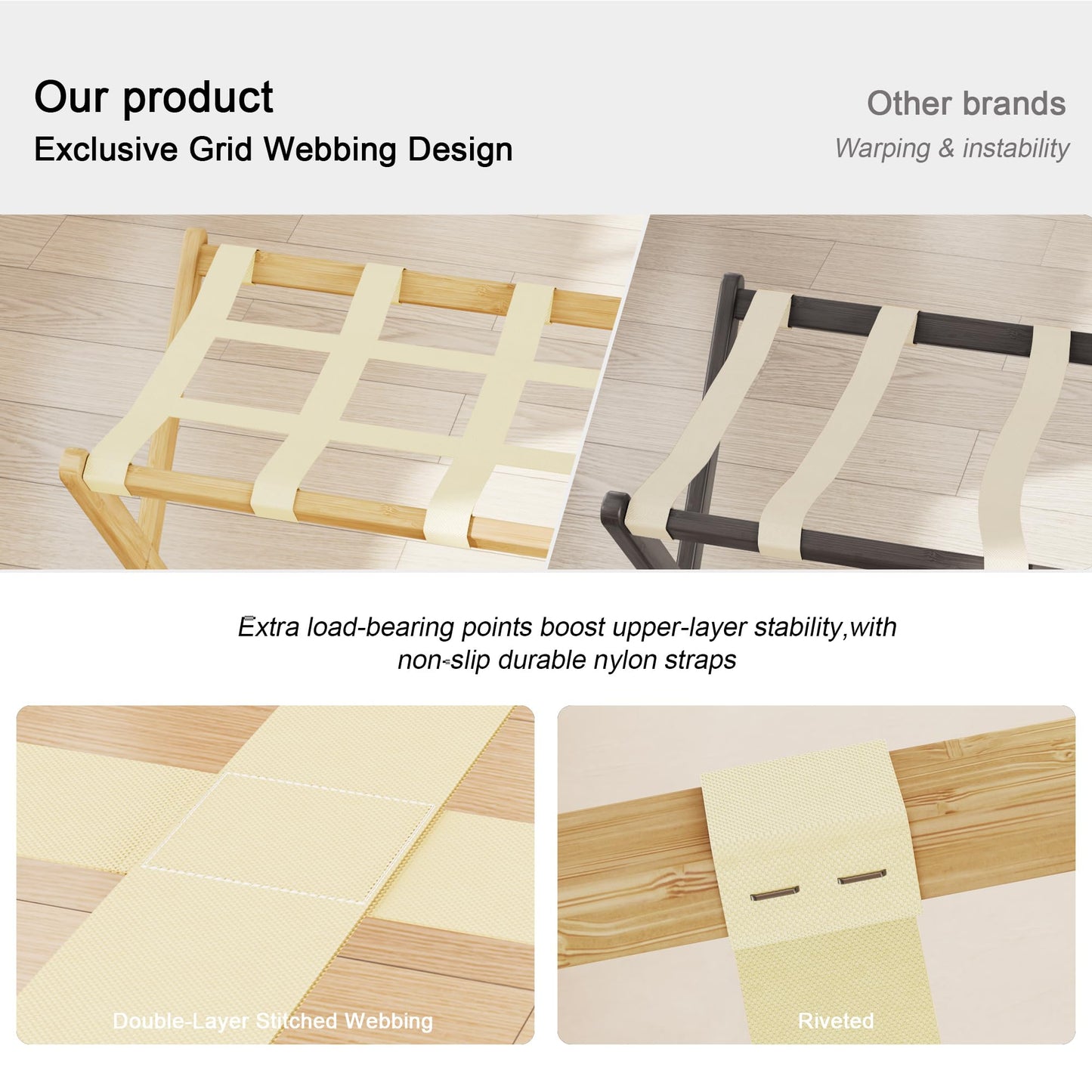 SANLUCE Fully Assembled Luggage Rack Set of 2 for Guest Room, Bamboo Suitcase Stand with Foldable Storage Shelf, Crossed Nylon Straps Folding Luggage Holder for Bedroom and Hotel, Natural