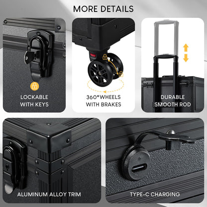 Faquenc Rolling Makeup Case with lighted mirror, Cosmetology Case on Wheels with LED Mirror, Professional Salon Trolley Cart with Drawer,Travel Makeup Lockable Beauty Organizer with Live Stream Light