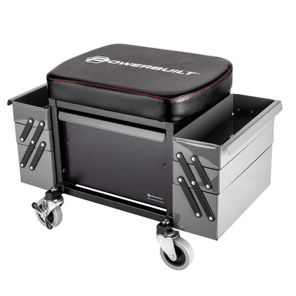 Powerbuilt Rolling Seat with Expandable Tool Trays, Roller Toolbox Garage Stool - Grey 941918ECE