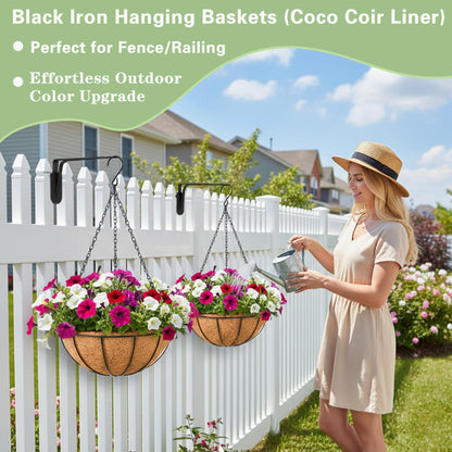 EIMQUVW Outdoor Metal Hanging Planters Basket (4pack, 12 inch) Hanging Baskets for Plants Chain Round Wire Plant Holder with Coco Fiber Liners for Garden, Patio, Deck, Porch