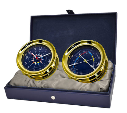 MASTER-MARINER Blue Mariner Collection, Nautical Windlass Gift Set, 5.85” Diameter Clock and Comfort Meter Instruments, Gold Finish, Blue Signal Flag dial